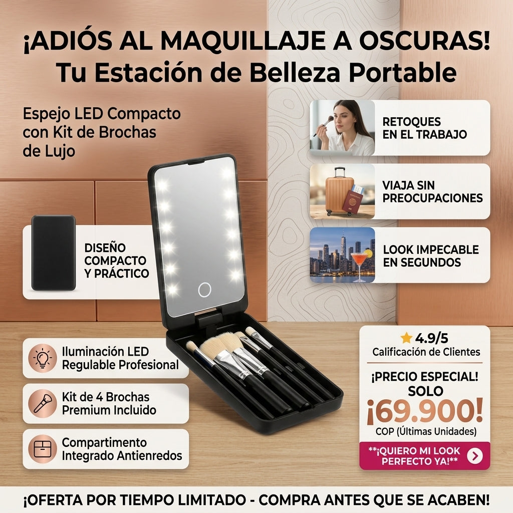 Espejo Luz Led Con Brochas Rotacion 360